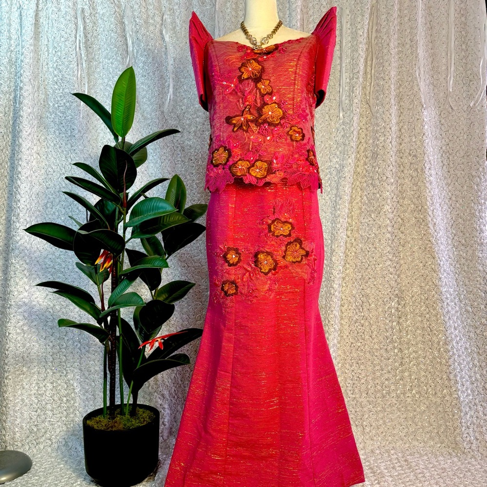 Fuschia Pink Inabel Serpentine Terno Gown w/ embroidery appliqués & rhinestones